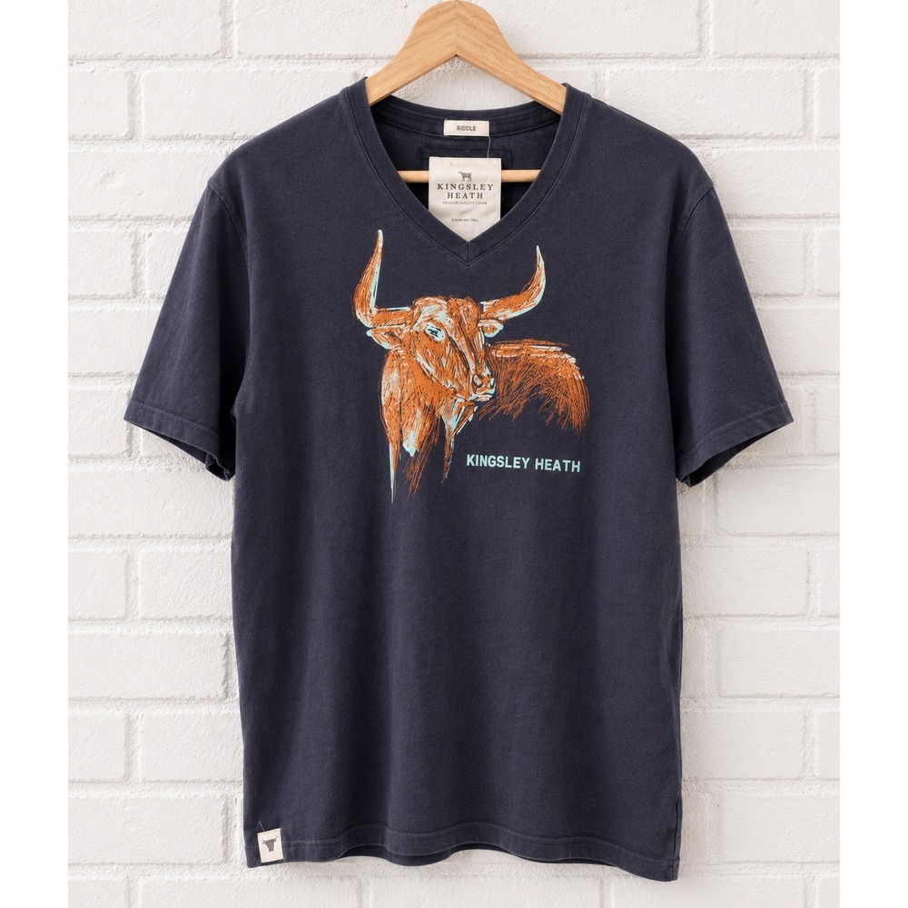 Kingsley Heath T-Shirt Mens XL V-Neck Muscle Fit Graphic Bull Logo Tee